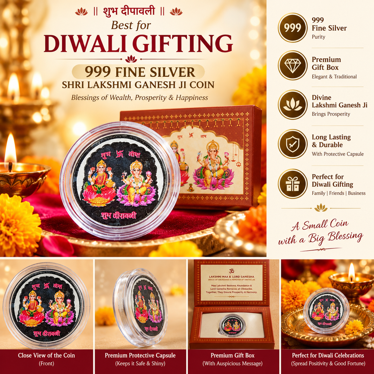 Fine Silver Shri Lakshmi Ganesh Ji Coin with Premium Packing | Best For Diwali Gifting